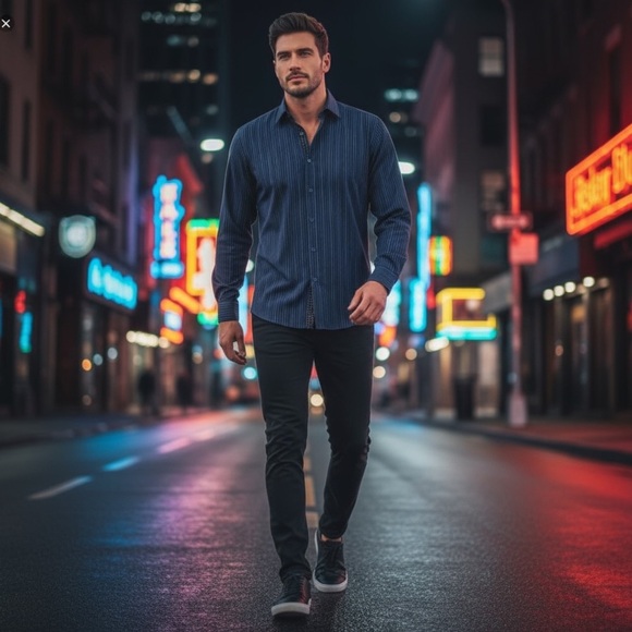 Thomas Dean Other - Thomas Dean Men’s Button-Down Shirt L • Navy Multi Stripe • Contrast Cuffs